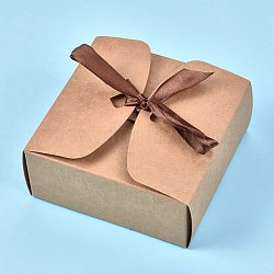 Boîte cadeau en papier kraft, boîtes pliantes, avec ruban, boîte de biscuits de gâteau de boulangerie, carrée, burlywood, déplier: 34.1x36x0.03cm, produit fini: 12x12x5cm