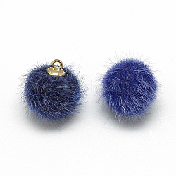 Breloques couverts de fausse fourrure de vison, avec les accessoires en laiton de tonalité d'or, ronde, bleu, 21x18~19mm, Trou: 2mm