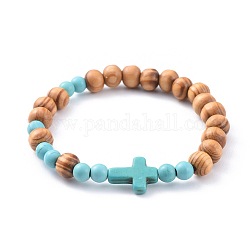 Stretch-Armbänder, mit Holzperlen und synthetischen türkisfarbenen (gefärbten) Perlen, Kreuz, Himmelblau, 2-1/8 Zoll (5.5 cm)