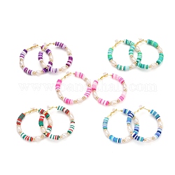 Серьги-кольца хейши из позолоченной латуни, с натуральным жемчугом и бусинами из латуни, кольцо, разноцветные, 50x6~7 мм, штифты : 0.7 мм