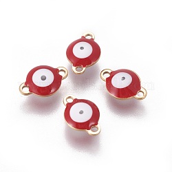 Ion Plating(IP) 304 Stainless Steel Enamel Links connectors, Flat Round with Evil Eye, Golden, FireBrick, 12x8x4mm, Hole: 1.4mm