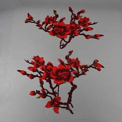 Tissus en polyester à motif de fleurs et de branches Tissu de broderie informatisé Coudre sur des appliques, accessoires de costume de cheongsam, rouge, 270~310x450~460x1mm, 2 pcs
