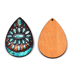 Single Face Printed Basswood Big Pendants, Teardrop Charm with Flower Pattern, Turquoise, 60x40x3mm, Hole: 2mm