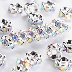 Brass Rhinestone Spacer Beads, Grade AAA, Wavy Edge, Nickel Free, Silver Color Plated, Rondelle, Crystal AB, 6x3mm, Hole: 1mm