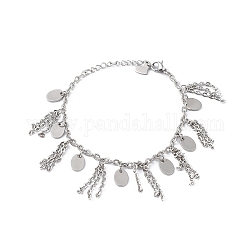 304 chaîne en acier inoxydable pompon & bracelet breloque ovale & coeur pour femme, couleur inoxydable, 6-7/8 pouce (17.5 cm)