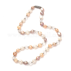 Natürliche Perlenkette für Mädchenfrauen, Halskette aus Messingperlen und galvanisierten Glasperlen, Mischfarbe, 16.54 Zoll (42 cm)