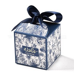 Scatole regalo pieghevoli a tema matrimonio, quadrato con fiore e parola augura un regalo per te e un nastro, per confezioni di biscotti caramelle, Blue Marine, 7x7x8.3cm