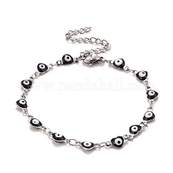 Coeur en émail avec bracelet chaînes à maillons mauvais œil, 304 bijoux en acier inoxydable pour femme, couleur inoxydable, noir, 6-7/8 pouce (17.5 cm)