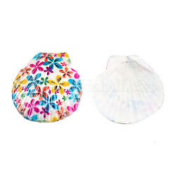 Grands pendentifs en coquille d'eau douce naturelle imprimée, charme de coquillage, colorées, motif de fleur, 55~75x52~70x6~8mm, Trou: 1.4mm