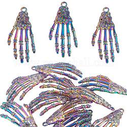 Colgantes de aleación 15pcs, sin plomo y cadmio, mano de esqueleto, color del arco iris, 42x20x7.5mm, agujero: 2.5 mm