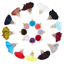 SUNNYCLUE Handmade Cloth Pendant Decorations, with Alloy Findings, Faux Mink Fur Covered Pendants, with Brass Loops, Round & Flower, Mixed Color, 30pcs/shape, 60pcs/set