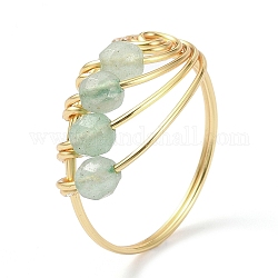 Bague ronde en aventurine verte naturelle avec perles, anneau vortex enveloppé de fil de cuivre doré clair, nous taille 8 1/2 (18.5mm)