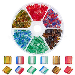 Nbeads 240Pcs 6 Colors 2-Hole Glass Seed Beads, Transparent Spray Painted, Two Tone, Rectangle, Mixed Color, 5x4.5~5.5x2~2.5mm, Hole: 0.5~0.8mm, 40pcs/color