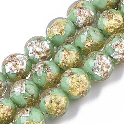 Handmade Gold Sand Lampwork Bead Strands, Half Silver Foil & Half Gold Foil, Round, Medium Spring Green, 11.5~12.5x11~12mm, Hole: 1.2mm, about 45pcs/Strand, 20.08 inch