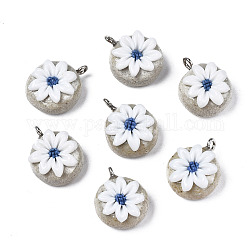 Handmade Porcelain Pendants, with Iron Findings, Famille Rose Style, Flat Round with Flower, Royal Blue, 20~22x16~17x10~11mm, Hole: 2mm