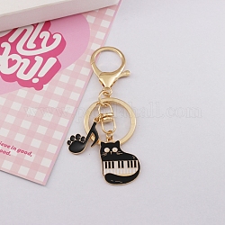 Gato esmaltado de aleación de zinc con llavero colgante de piano y nota musical, para la decoración de la llave del coche del bolso, negro, 9 cm