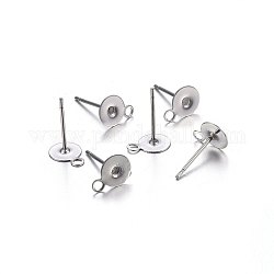 304 Stainless Steel Stud Earring Findings, with Loop, Flat Round, Stainless Steel Color, 12x6x0.4mm, Hole: 1.5mm, Pin: 0.8mm