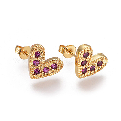 Brass Micro Pave Cubic Zirconia Stud Earrings, with Brass Ear Nuts, Heart, Magenta, Golden, 10x11.5mm, Pin: 0.7mm
