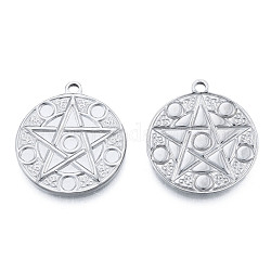 201 Stainless Steel Pendants, Flat Round with Star, Stainless Steel Color, 28.5x25x2mm, Hole: 2mm