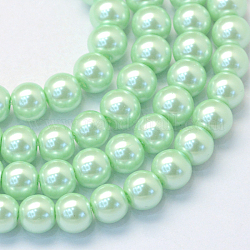 Cottura dipinto di perle di vetro perlato fili di perline rotondo, verde chiaro, 8~9mm, Foro: 1 mm, circa 105pcs/filo, 31.4 pollice