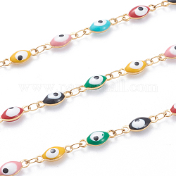 304 Stainless Steel Link Chains, with Enamelled Sequins, Soldered, Oval and Eye, Golden, 6x15.5x3.5mm