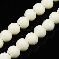 Spray Painted Natural Wood Beads Strands, Round, Floral White, 15~16x14~15mm, Hole: 3~4mm, about 25pcs/strand, 14.17 inch~14.45 inch(36cm~36.7cm)