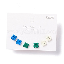 (Vente d'usine de fêtes de bijoux) carré avec boucles d'oreilles en alliage tartan pour femmes, avec 925 épingles plaquées argent sterling, verte, 8x8x1.5mm, pin: 0.7 mm, 3 paires / ensemble