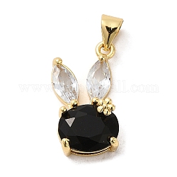 Rack Plating Brass Micro Pave Cubic Zirconia Pendants, Cadmium Free & Lead Free, Long-Lasting Plated, Real 18K Gold Plated, Rabbit, Black, 20x11x7mm, Hole: 5x3.5mm
