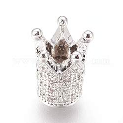 Perles de zircone cubique micro pave en Laiton, couronne, clair, Platine plaqué réel, 10x8mm, Trou: 1.4mm