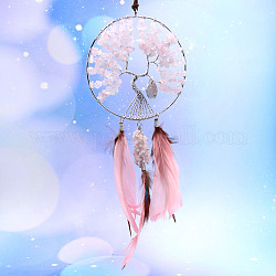 Woven Net/Web with Feather Natural Rose Quartz Chips Pendant Decorations, with Wire Wrapped Flat Round with Tree of Life, for Home, Car Interior Ornaments, Pink, 200~250mm