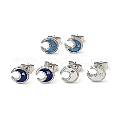 Enamel Crescent Moon with Star Stud Earrings with 316 Surgical Stainless Steel Pins, Stainless Steel Color Plated 304 Stainless Steel Jewelry for Women, Mixed Color, 8.5x8.5mm, Pin: 0.8mm