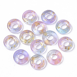 Transparente sprühlackierte europäische Glasperlen, Großloch perlen, mit goldener Folie, Donut, Flieder, 11x3 mm, Bohrung: 4 mm