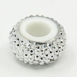Acrylic European Beads, Large Hole Beads, with Resin Rhinestone, Rondelle, White, 12x6mm, Hole: 5mm