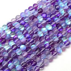 Chapelets de perles en pierre de lune synthétique, perles holographiques, demi couleur ab plaqué, mat, ronde, bleu violet, 10mm, Trou: 1mm, Environ 37 pcs/chapelet, 15 pouce