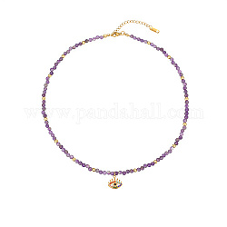Colliers à pendentif œil en émail en acier inoxydable, avec des chaînes de perles d'améthyste naturelle, or, 15.75 pouce (40 cm)