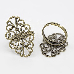 Brass Ring Components, Adjustable Filigree Ring Components, Lead Free, Antique Bronze Color, Size: Ring: about 17mm inner diameter, Tray: about 20mm wide, 32mm long, 1mm thick