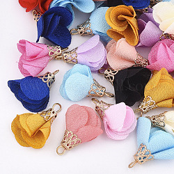 Cloth Pendants, with Iron Findings, Flower, Light Gold, Mixed Color, 22~25x16~26mm, Hole: 2mm
