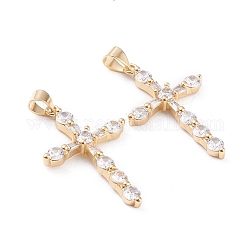 Brass Micro Pave Cubic Zirconia Pendants, Long-Lasting Plated, Cross, Clear, Real 18K Gold Plated, 32x20x4.5mm, Hole: 3x4mm
