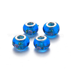 Perles européennes vernissées manuelles, perles de rondelle avec grand trou , Lampwork cahoteux avec de la poudre scintillante et des doubles noyaux en laiton de ton platine, Dodger bleu, 15~16x9~10mm, Trou: 5mm