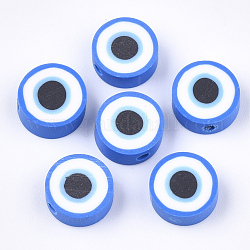Perline polimero argilla fatto a mano, piatta e rotonda con occhi, blu royal, 10.5x4~4.5mm, Foro: 1.4~1.6 mm