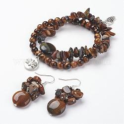 Tigeraugen Perlen verpacken Armbänder und Ohrringe Schmuck Sets, mit den Zubehörn tibetischen Stil, und Messing-Ohrhaken, Mit Sackleinen Beuteltaschen, rauchig, 2 Zoll ~ 2-1/8 Zoll (52~54 mm), 48 mm, Stift: 0.8 mm
