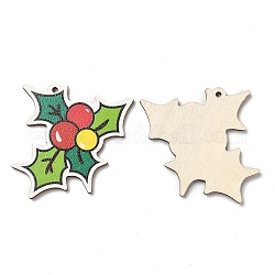 Single Face Printed Wood Big Pendants, Christmas Charms, Holly Leaves, 50x55x2.5mm, Hole: 2mm