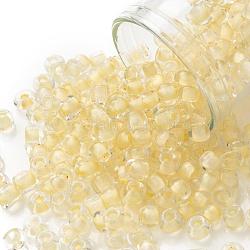 8/0 Glass Seed Beads, Transparent Inside Colours, Round Hole, Round, Champagne Yellow, 8/0, 3~4x2~3mm, Hole: 0.8mm, about 3333pcs/100g