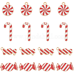 SUNNYCLUE 40Pcs 4 Style Christmas Themed Light Gold Plated Alloy Pendants, with Enamel, Candy Cane & Candy & Flat Round with Vortex, Mixed Color, 18~25x10~15x1.3~2mm, Hole: 1.4~2mm, 10pcs/style