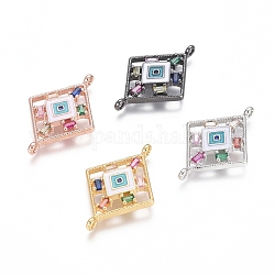 Brass Micro Pave Cubic Zirconia Links connectors, with Enamel, Rhombus with Evil Eye, Colorful, Mixed Color, 27.5x18x3mm, Hole: 1.2mm