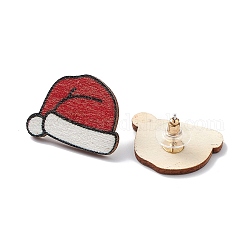 Boucles d'oreilles clous en bois imprimés de noël, avec 316 pin's inox pour femme, chapeau, 21x28mm, pin: 0.7 mm