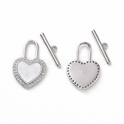 Brass Micro Pave Clear Cubic Zirconia with Shell Toggle Clasps, Heart Lock, Platinum, Bar: 18x4x1.5mm, Hole: 1.2mm, Heart: 22.5x14.5x2.5mm