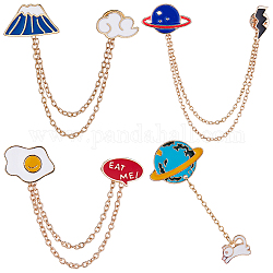 Gorgecraft 4Pcs 4 Style Planet & Egg & Mountain & Rabbit Hanging Chain Brooches, Light Gold Alloy Badge for Suit Shirt Collar, Mixed Color, 55~113mm, 1Pc/style 
