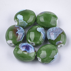 Abalorios de porcelana hechas a mano, fantasía antigua porcelana esmaltada, oval, verde, 20~21x17.5~18x12~13mm, agujero: 2.5~3 mm