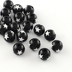 Star Pattern Opaque Acrylic Beads, Round, Black, 19~20x18mm, Hole: 3mm, about 116pcs/500g